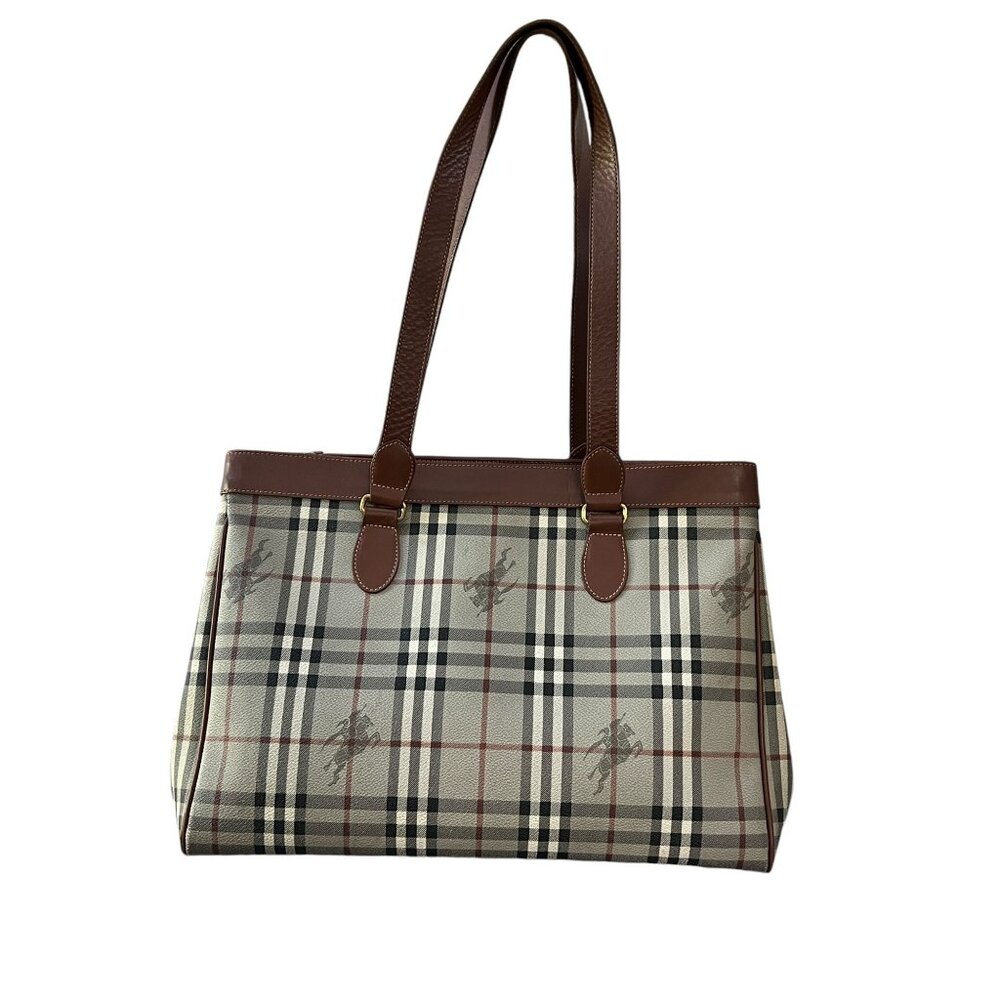 Burberry Haymarket Check Tote Gray Brown Bag Vintage Authentic Handbag